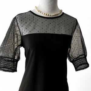 Anne Klein Black Blouse with Sheer Polka Dot Sleeves